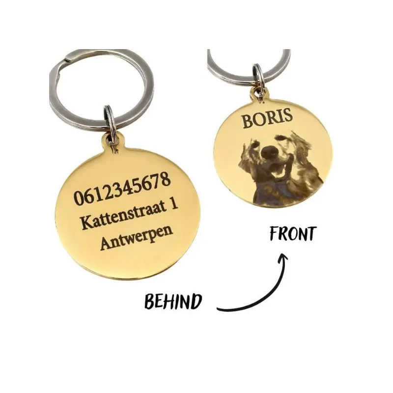 Gegraveerde dierenpenning met foto Gepersonaliseerde luxe dierenpenning voor hond of kat met foto, naam en adres goud
