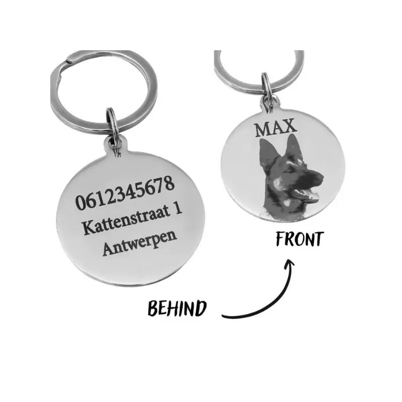 Gegraveerde dierenpenning met foto Gepersonaliseerde luxe dierenpenning voor hond of kat met foto, naam en adres zilver
